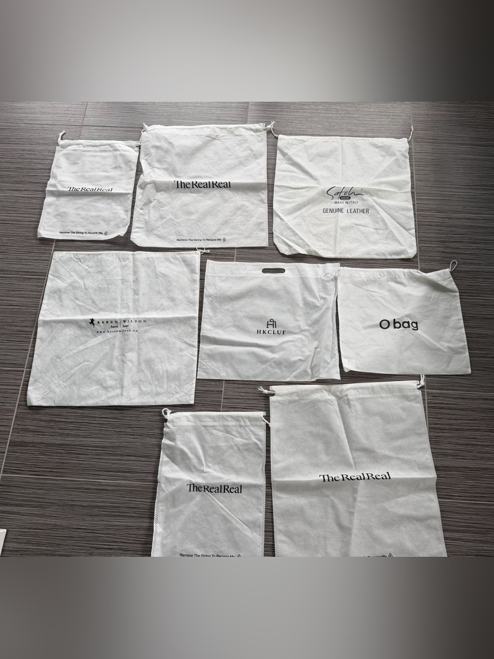 8 Assorted White Branded Dust Bags (The RealReal, O bag, HKCLUB, Salchi)